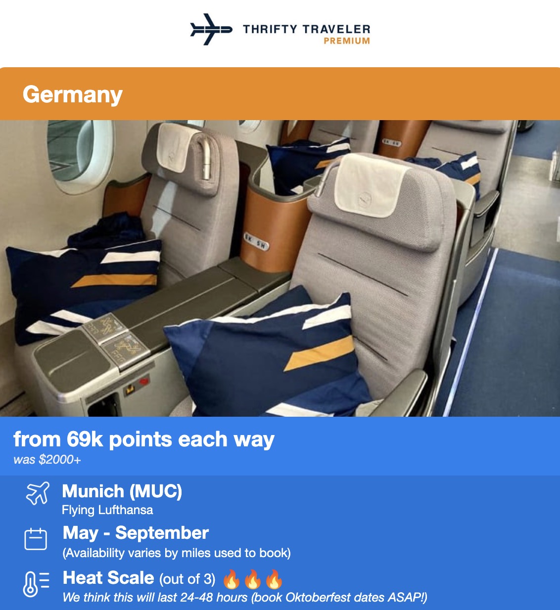 Lufthansa Business Class flight deal from 69,000 points each way